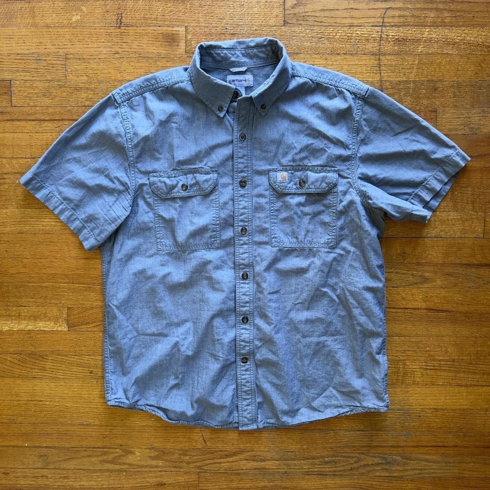 Carhartt Work Shirt Button Up Short Sleeve Casual Chambray Blue Large